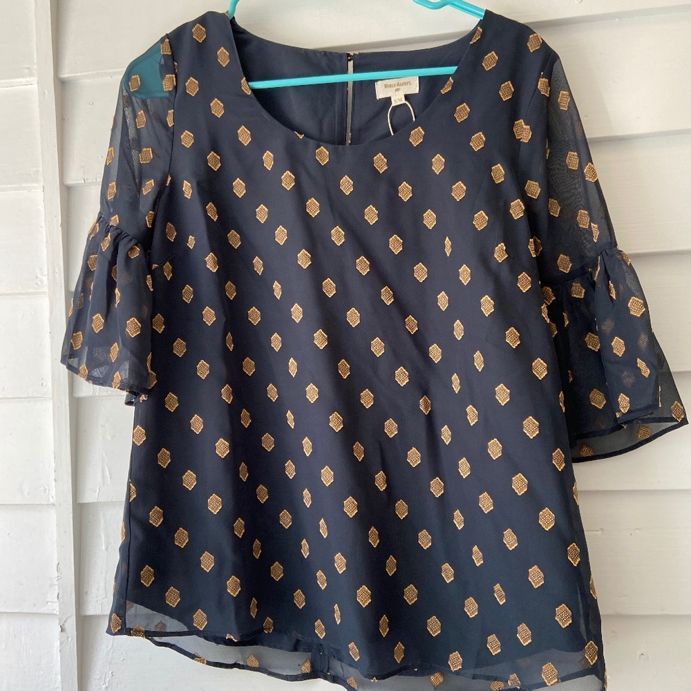 NWT Navy Flowy Blouse with Gold Detail S/M